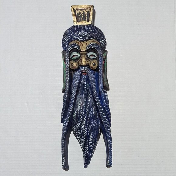 Chinese God of Longevity Wood Wall Mask Hand Carved Blue - Picture 1 of 4